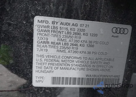 2022 Audi Q3 Premium Plus 40 Tfsi Quattro Tiptronic z USA, uszkodzony, nr VIN WA1BUCF3XN1014662